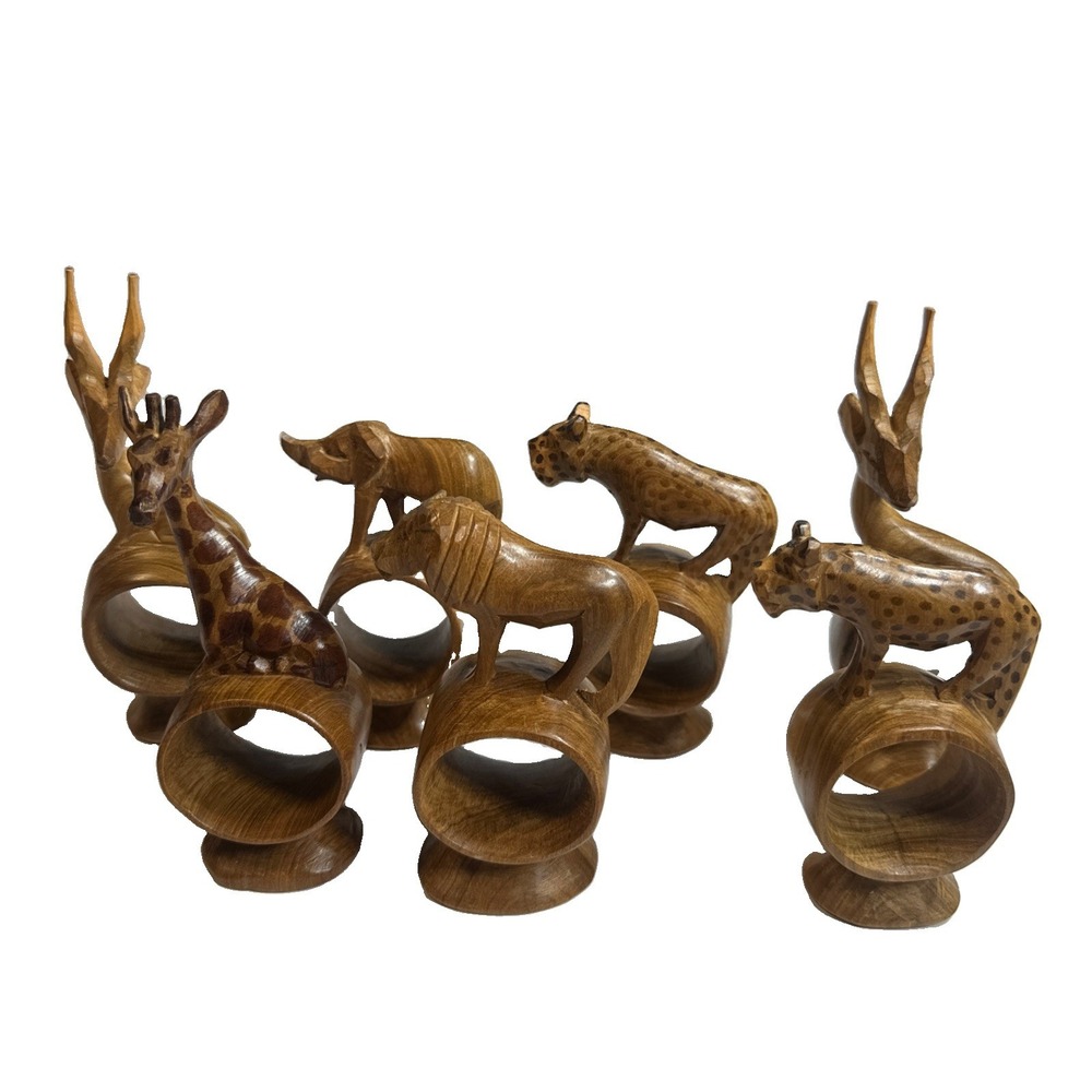 Safari Animal Wooden Napkin Holder Rings Hand Carved Set of 7